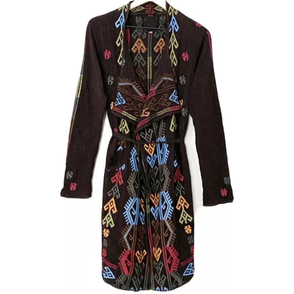 Biya Johnny Was Brown Embroidered Long Cardigan